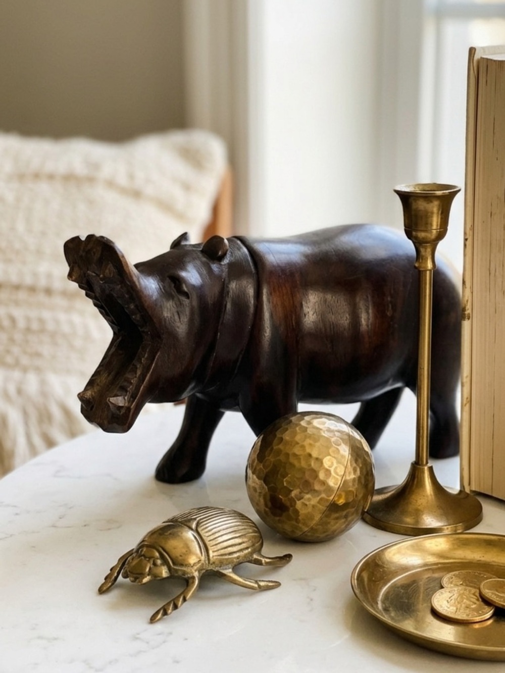 Mid-Century Modern Ebony Hippo Carving Open Mouth African Hardwood Decor 10.4 0z